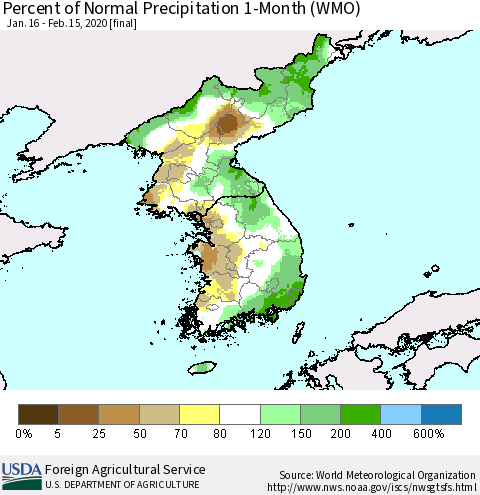 Korea Percent of Normal Precipitation 1-Month (WMO) Thematic Map For 1/16/2020 - 2/15/2020