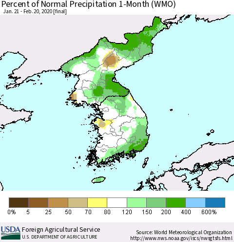 Korea Percent of Normal Precipitation 1-Month (WMO) Thematic Map For 1/21/2020 - 2/20/2020