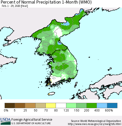 Korea Percent of Normal Precipitation 1-Month (WMO) Thematic Map For 2/1/2020 - 2/29/2020