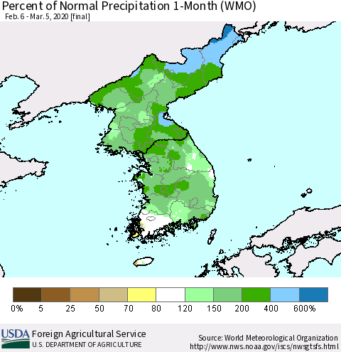 Korea Percent of Normal Precipitation 1-Month (WMO) Thematic Map For 2/6/2020 - 3/5/2020