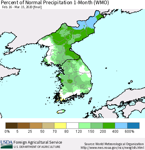 Korea Percent of Normal Precipitation 1-Month (WMO) Thematic Map For 2/16/2020 - 3/15/2020