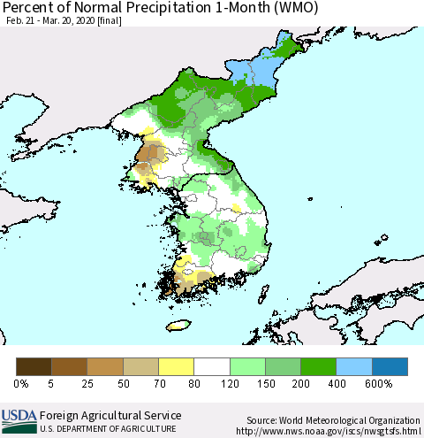 Korea Percent of Normal Precipitation 1-Month (WMO) Thematic Map For 2/21/2020 - 3/20/2020