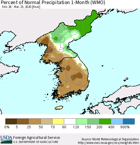 Korea Percent of Normal Precipitation 1-Month (WMO) Thematic Map For 2/26/2020 - 3/25/2020