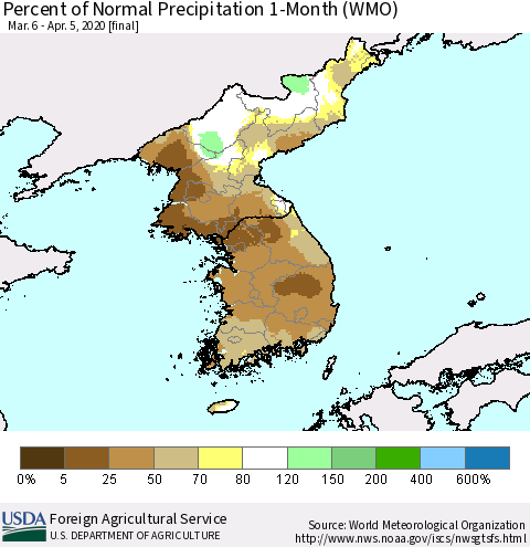 Korea Percent of Normal Precipitation 1-Month (WMO) Thematic Map For 3/6/2020 - 4/5/2020