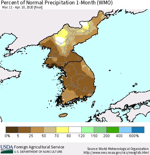 Korea Percent of Normal Precipitation 1-Month (WMO) Thematic Map For 3/11/2020 - 4/10/2020
