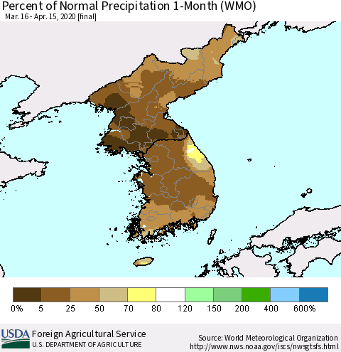Korea Percent of Normal Precipitation 1-Month (WMO) Thematic Map For 3/16/2020 - 4/15/2020