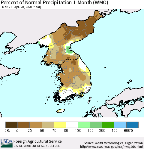 Korea Percent of Normal Precipitation 1-Month (WMO) Thematic Map For 3/21/2020 - 4/20/2020
