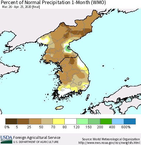 Korea Percent of Normal Precipitation 1-Month (WMO) Thematic Map For 3/26/2020 - 4/25/2020