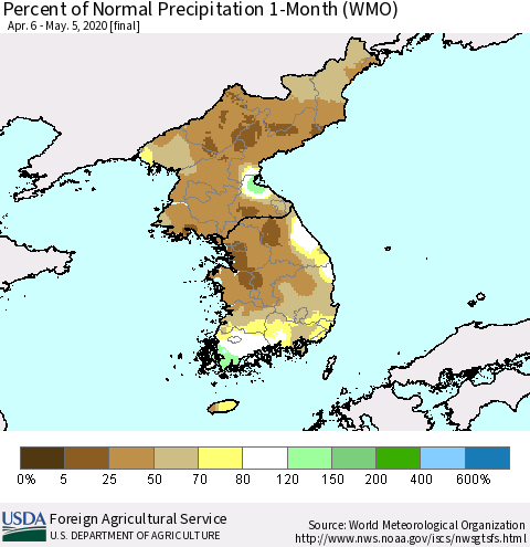 Korea Percent of Normal Precipitation 1-Month (WMO) Thematic Map For 4/6/2020 - 5/5/2020