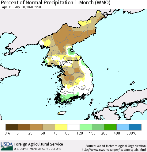 Korea Percent of Normal Precipitation 1-Month (WMO) Thematic Map For 4/11/2020 - 5/10/2020