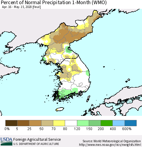 Korea Percent of Normal Precipitation 1-Month (WMO) Thematic Map For 4/16/2020 - 5/15/2020