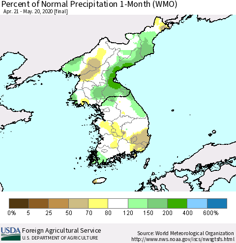 Korea Percent of Normal Precipitation 1-Month (WMO) Thematic Map For 4/21/2020 - 5/20/2020