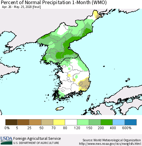 Korea Percent of Normal Precipitation 1-Month (WMO) Thematic Map For 4/26/2020 - 5/25/2020