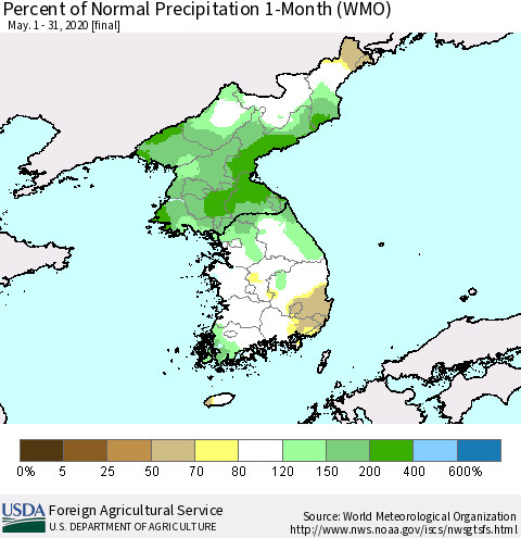 Korea Percent of Normal Precipitation 1-Month (WMO) Thematic Map For 5/1/2020 - 5/31/2020