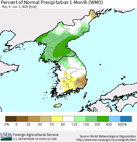 Korea Percent of Normal Precipitation 1-Month (WMO) Thematic Map For 5/6/2020 - 6/5/2020