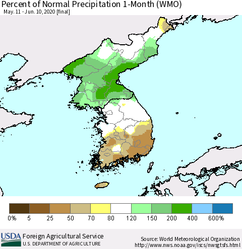Korea Percent of Normal Precipitation 1-Month (WMO) Thematic Map For 5/11/2020 - 6/10/2020