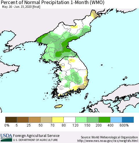 Korea Percent of Normal Precipitation 1-Month (WMO) Thematic Map For 5/16/2020 - 6/15/2020
