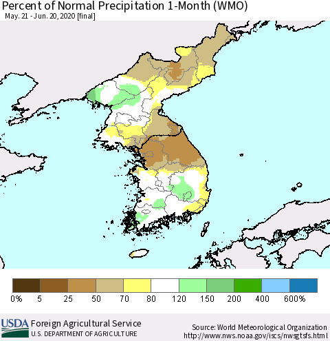 Korea Percent of Normal Precipitation 1-Month (WMO) Thematic Map For 5/21/2020 - 6/20/2020