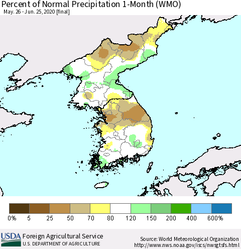 Korea Percent of Normal Precipitation 1-Month (WMO) Thematic Map For 5/26/2020 - 6/25/2020