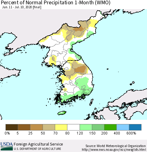 Korea Percent of Normal Precipitation 1-Month (WMO) Thematic Map For 6/11/2020 - 7/10/2020