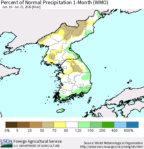 Korea Percent of Normal Precipitation 1-Month (WMO) Thematic Map For 6/16/2020 - 7/15/2020