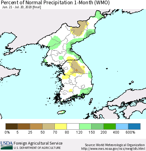 Korea Percent of Normal Precipitation 1-Month (WMO) Thematic Map For 6/21/2020 - 7/20/2020