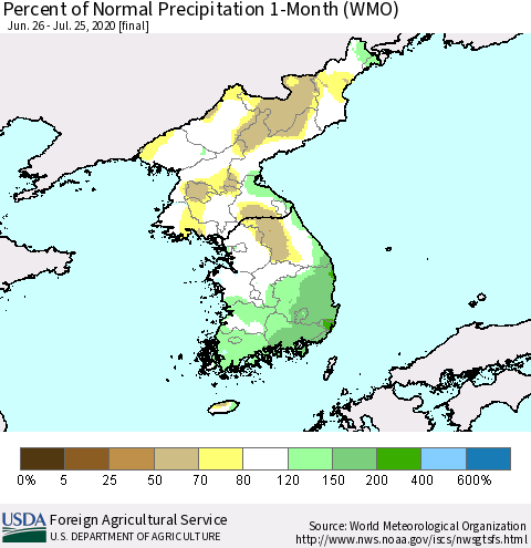 Korea Percent of Normal Precipitation 1-Month (WMO) Thematic Map For 6/26/2020 - 7/25/2020