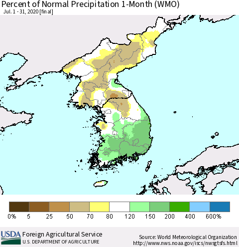 Korea Percent of Normal Precipitation 1-Month (WMO) Thematic Map For 7/1/2020 - 7/31/2020