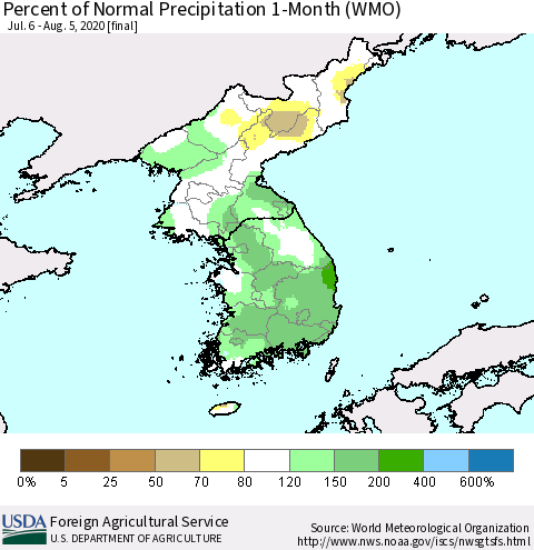 Korea Percent of Normal Precipitation 1-Month (WMO) Thematic Map For 7/6/2020 - 8/5/2020