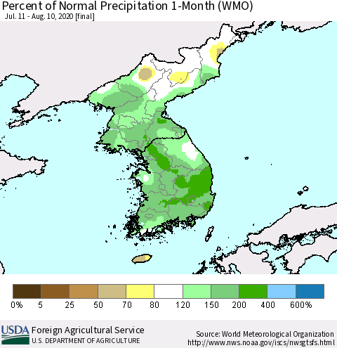 Korea Percent of Normal Precipitation 1-Month (WMO) Thematic Map For 7/11/2020 - 8/10/2020