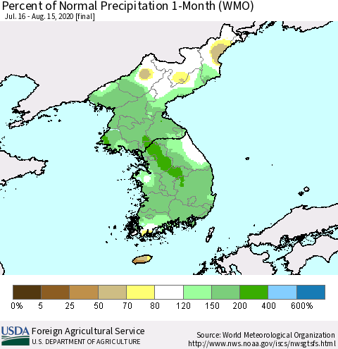 Korea Percent of Normal Precipitation 1-Month (WMO) Thematic Map For 7/16/2020 - 8/15/2020