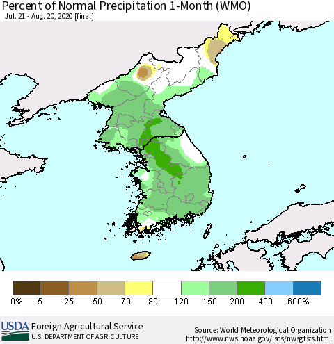 Korea Percent of Normal Precipitation 1-Month (WMO) Thematic Map For 7/21/2020 - 8/20/2020
