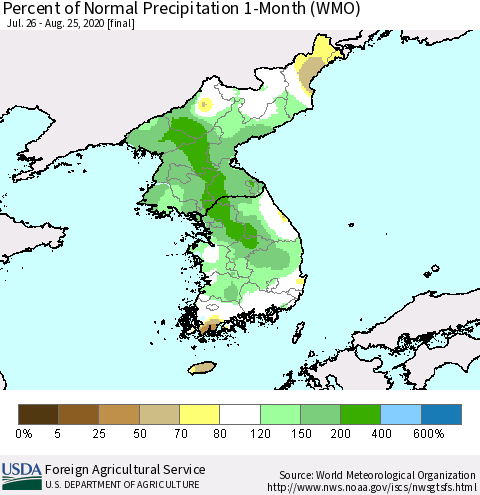 Korea Percent of Normal Precipitation 1-Month (WMO) Thematic Map For 7/26/2020 - 8/25/2020