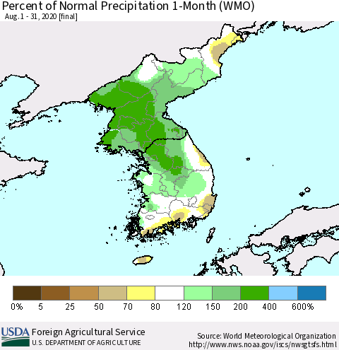 Korea Percent of Normal Precipitation 1-Month (WMO) Thematic Map For 8/1/2020 - 8/31/2020