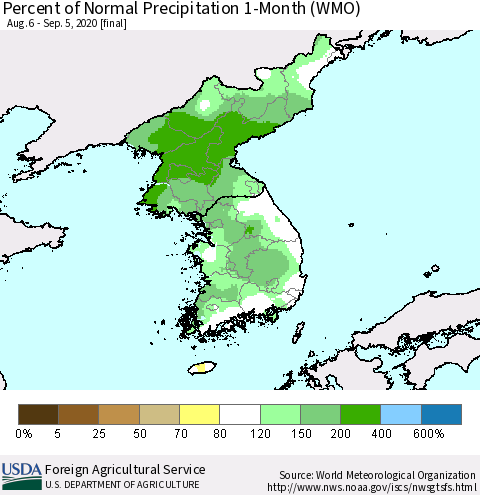 Korea Percent of Normal Precipitation 1-Month (WMO) Thematic Map For 8/6/2020 - 9/5/2020