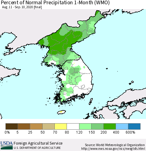 Korea Percent of Normal Precipitation 1-Month (WMO) Thematic Map For 8/11/2020 - 9/10/2020