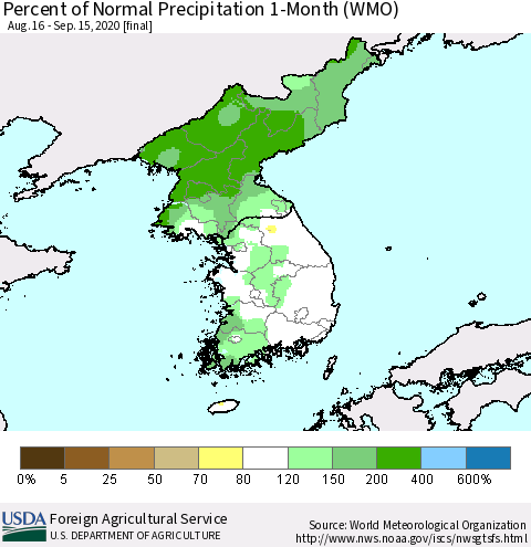 Korea Percent of Normal Precipitation 1-Month (WMO) Thematic Map For 8/16/2020 - 9/15/2020