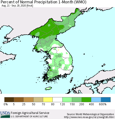 Korea Percent of Normal Precipitation 1-Month (WMO) Thematic Map For 8/21/2020 - 9/20/2020