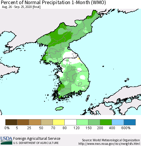 Korea Percent of Normal Precipitation 1-Month (WMO) Thematic Map For 8/26/2020 - 9/25/2020