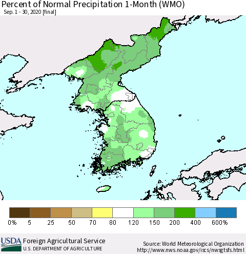 Korea Percent of Normal Precipitation 1-Month (WMO) Thematic Map For 9/1/2020 - 9/30/2020