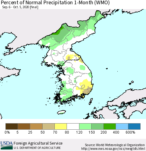 Korea Percent of Normal Precipitation 1-Month (WMO) Thematic Map For 9/6/2020 - 10/5/2020
