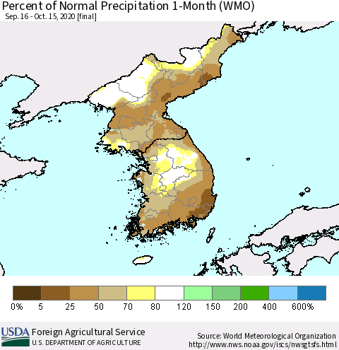 Korea Percent of Normal Precipitation 1-Month (WMO) Thematic Map For 9/16/2020 - 10/15/2020