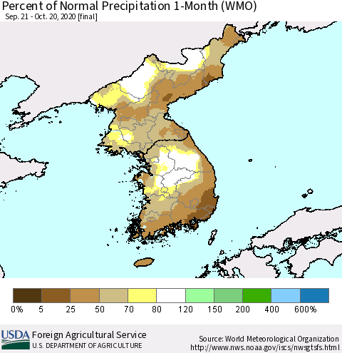 Korea Percent of Normal Precipitation 1-Month (WMO) Thematic Map For 9/21/2020 - 10/20/2020