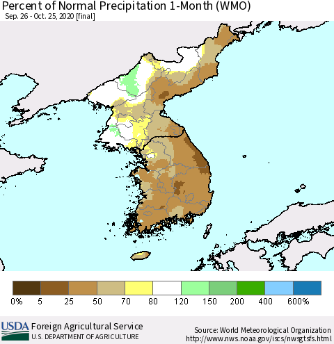 Korea Percent of Normal Precipitation 1-Month (WMO) Thematic Map For 9/26/2020 - 10/25/2020