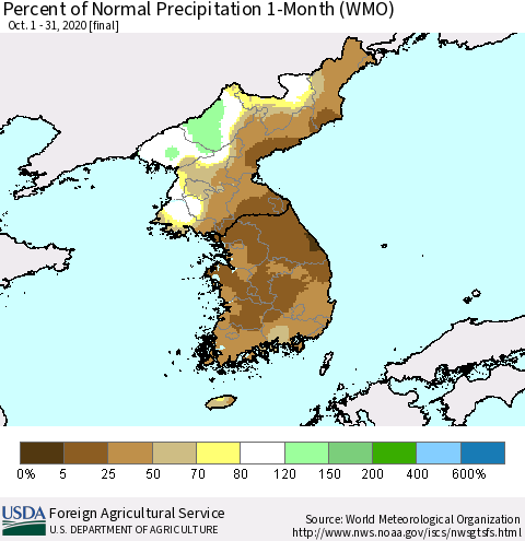 Korea Percent of Normal Precipitation 1-Month (WMO) Thematic Map For 10/1/2020 - 10/31/2020