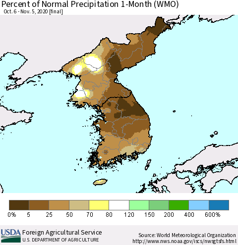 Korea Percent of Normal Precipitation 1-Month (WMO) Thematic Map For 10/6/2020 - 11/5/2020