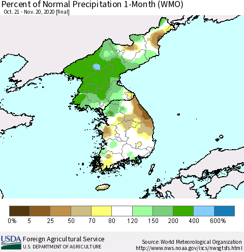 Korea Percent of Normal Precipitation 1-Month (WMO) Thematic Map For 10/21/2020 - 11/20/2020