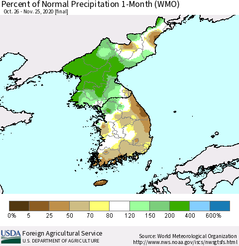 Korea Percent of Normal Precipitation 1-Month (WMO) Thematic Map For 10/26/2020 - 11/25/2020