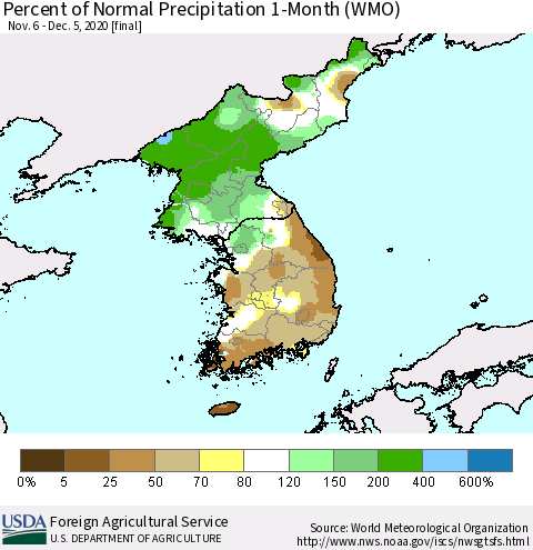Korea Percent of Normal Precipitation 1-Month (WMO) Thematic Map For 11/6/2020 - 12/5/2020