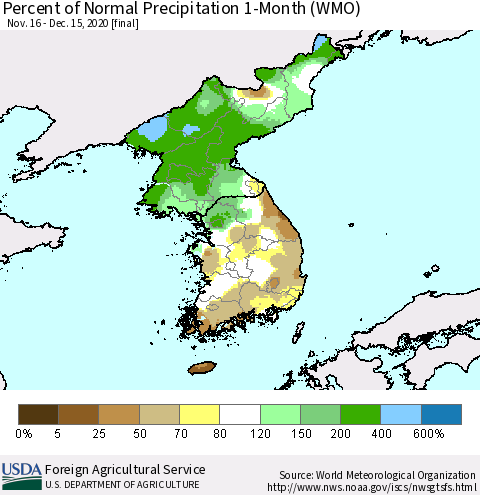 Korea Percent of Normal Precipitation 1-Month (WMO) Thematic Map For 11/16/2020 - 12/15/2020